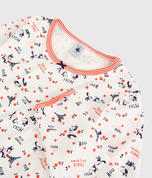 Kinderpyjama aus Bio-Baumwolle mit Paris-Print f&uuml;r M&auml;dchen weiss/vielfarbig