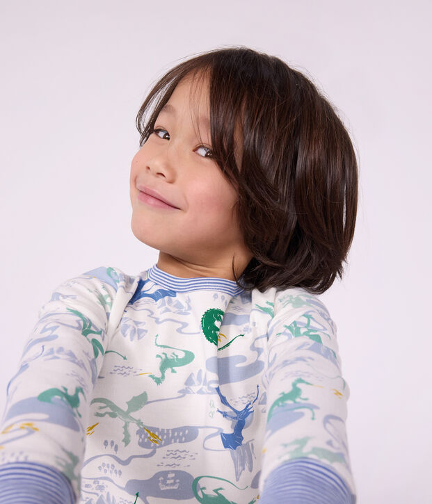 Kinder-Pyjama aus Molton mit Drachenmotiv weiss/vielfarbig