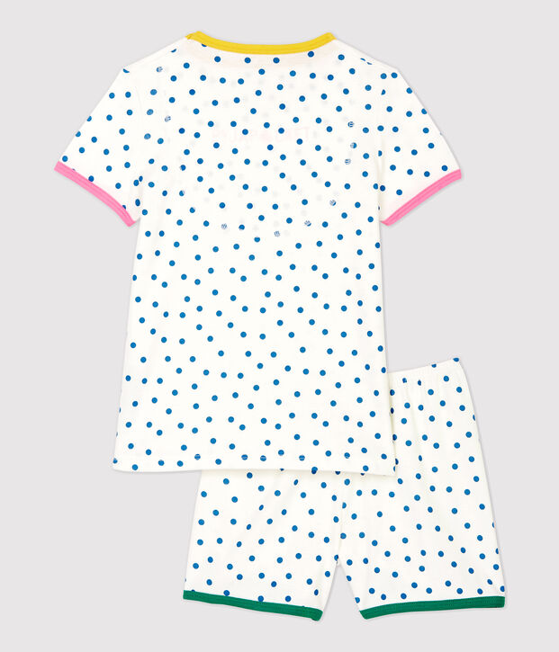 Kinder-Kurzpyjama aus Baumwolle mit blauem Punktmuster f&uuml;r M&auml;dchen weiss/blau