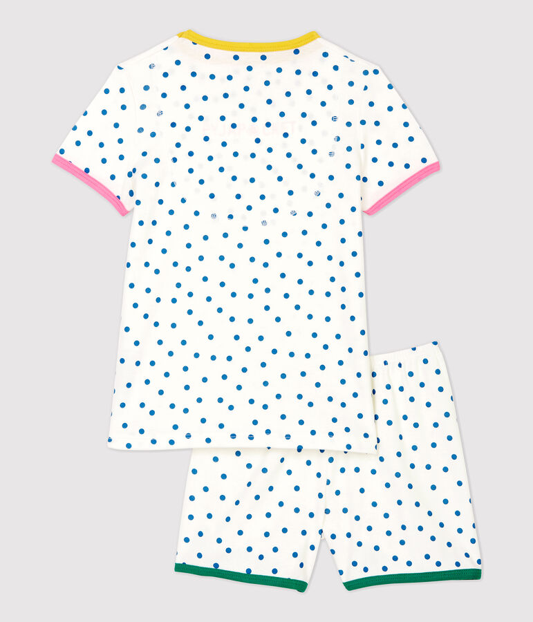 Kinder-Kurzpyjama aus Baumwolle mit blauem Punktmuster f&uuml;r M&auml;dchen weiss/blau