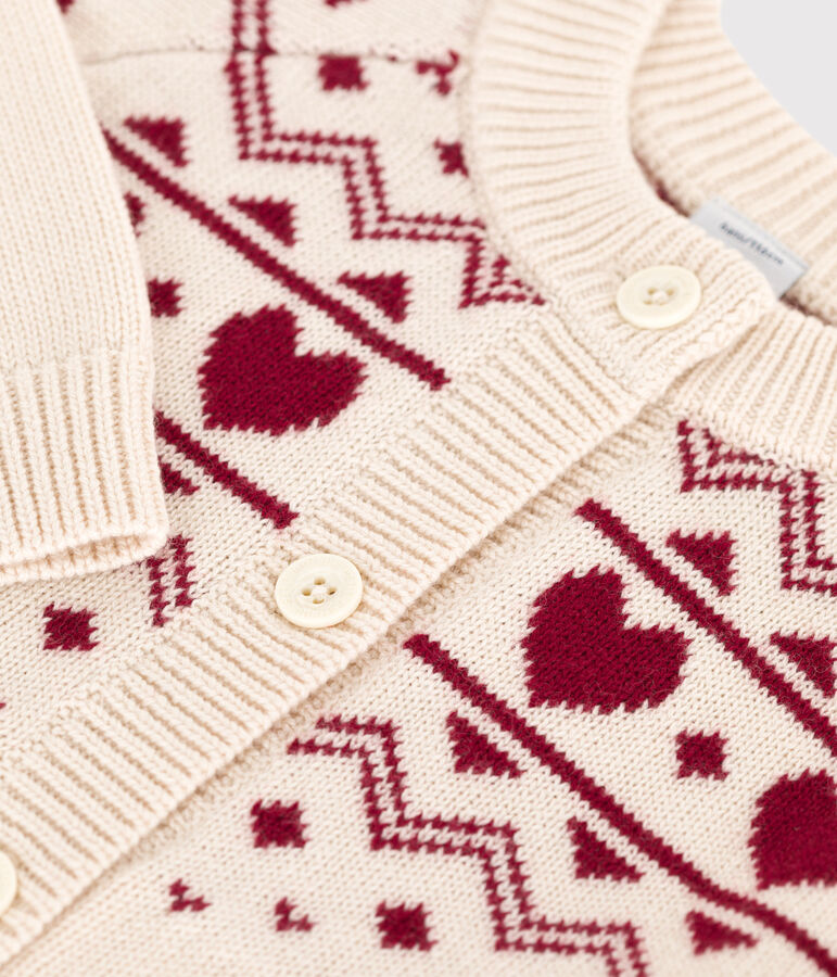 Kinder-Cardigan aus Wolle und Baumwolle mit Jacquard-Muster naturfarben/rot
