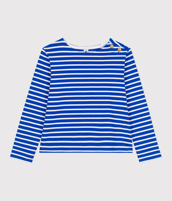 Langärmeliges Damen-Streifenshirt "Marinière" aus Baumwolle blau PERSE/weiss MARSHMALLOW