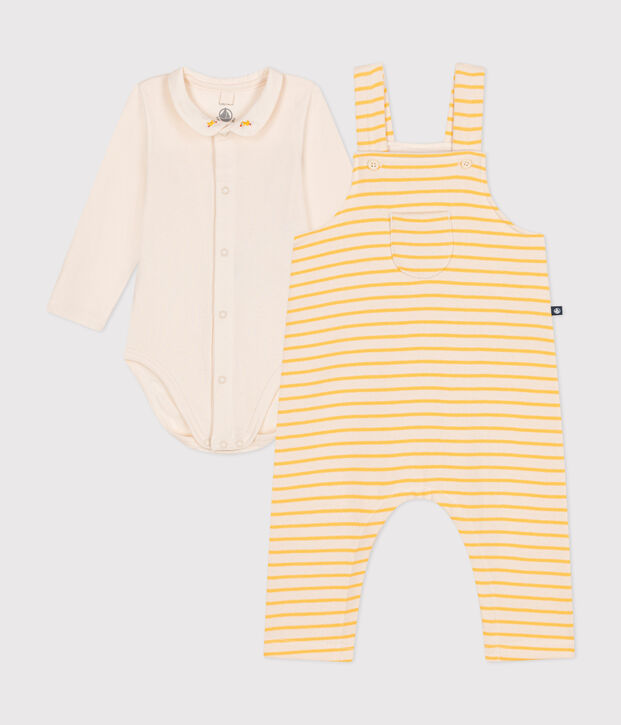 Baby-Set Latzhose und Body aus Baumwolle naturfarben/gelb