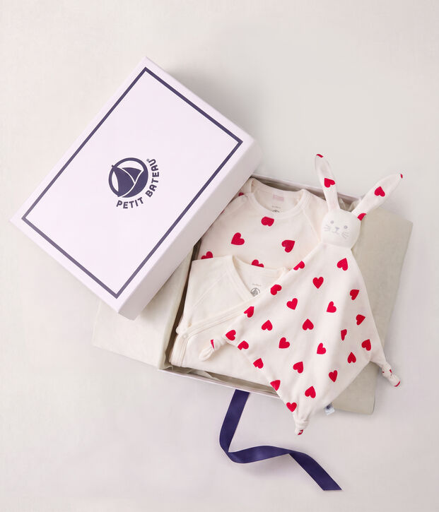 Set aus Stramplern, Body und Kuscheltiere f&uuml;r Babys (unisex) aus Baumwolle mit Herzmuster vielfarbig