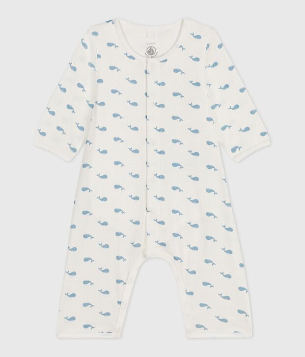 Baby-Bodyjama ohne F&uuml;&szlig;chen aus Baumwolle mit Walmotiv weiss/blau