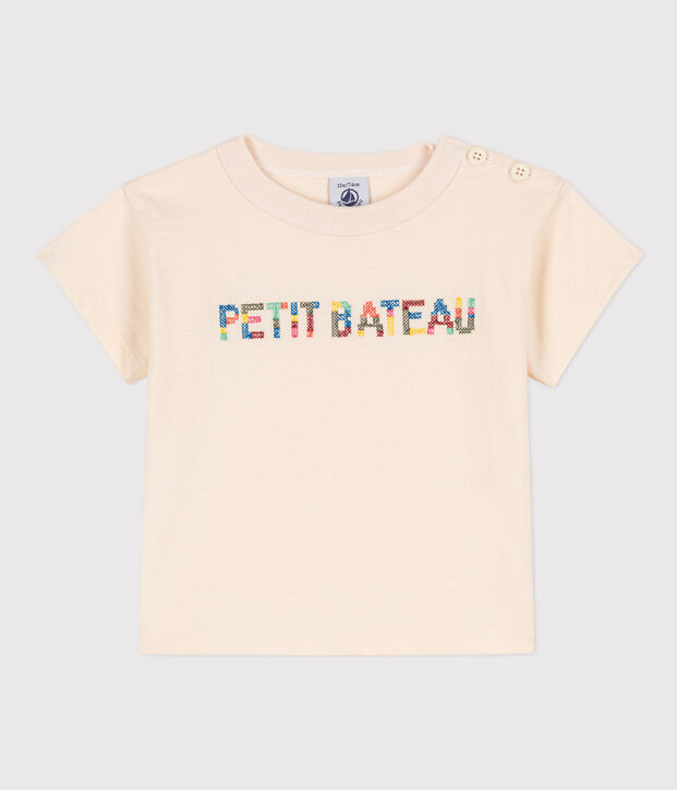 Kurz&auml;rmeliges Baby-T-Shirt aus besticktem Jersey naturfarben