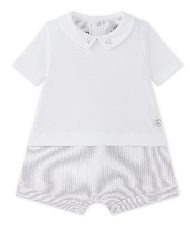 Kurzer Baby-Jungen-Einteiler im Materialmix weiss/beige