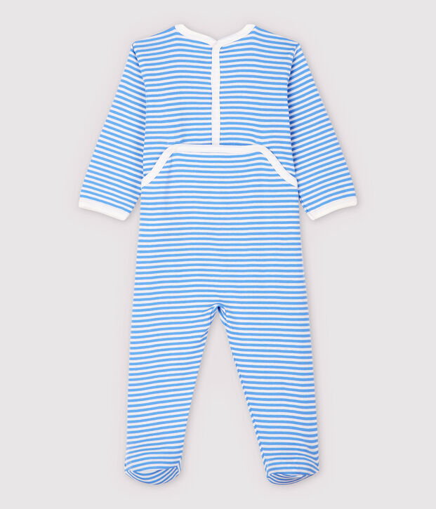 Blau gestreifter Baby-Strampler aus Baumwolle mit Fr&uuml;chte-Motiv blau/weiss