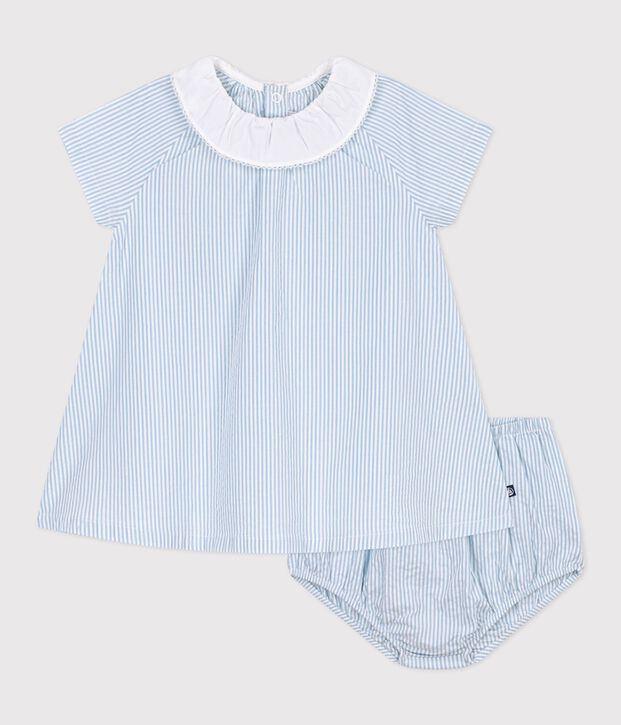 Kurz&auml;rmeliges Baby-Kleid aus Baumwolle und dazu passender Bloomer mit Streifen blau/blau