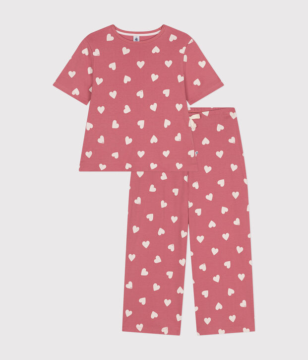 Damen-Pyjama aus Baumwolle mit Herzmotiv rosa/weiss