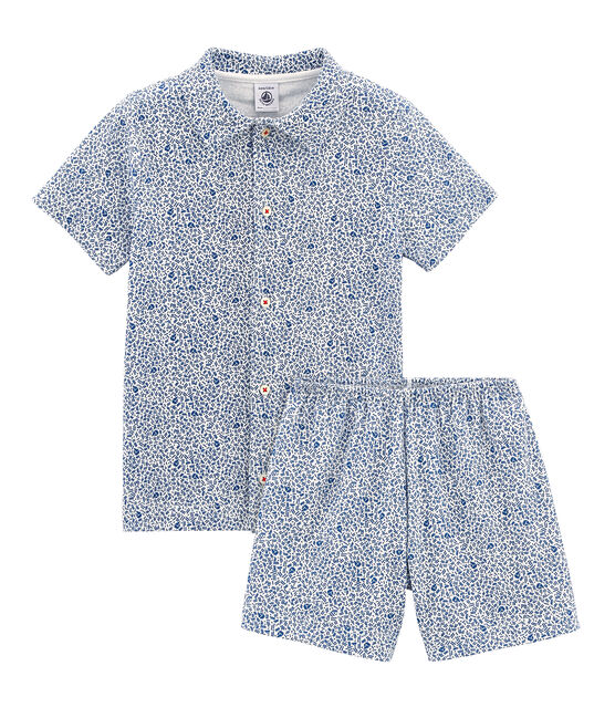 Rippstrick-Kurzpyjama für kleine Jungen weiss MARSHMALLOW/blau MAJOR