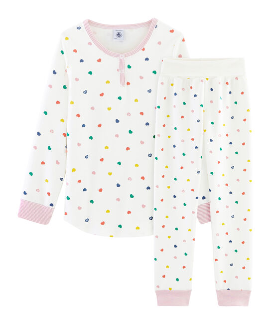 Pyjama mit hoch geschnittenem Bund aus Doubleface-Jersey für Mädchen weiss MARSHMALLOW/weiss MULTICO