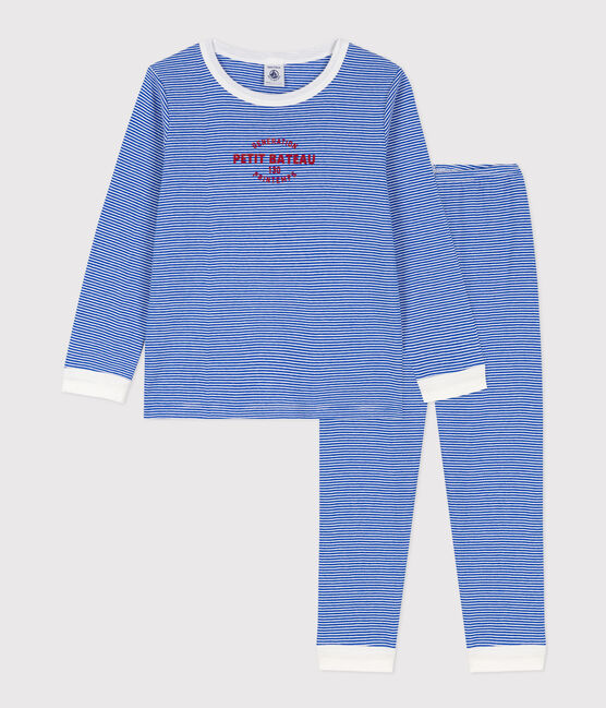 Kinderpyjama aus Baumwolle mit Ringelstreifen blau PERSE/weiss MARSHMALLOW