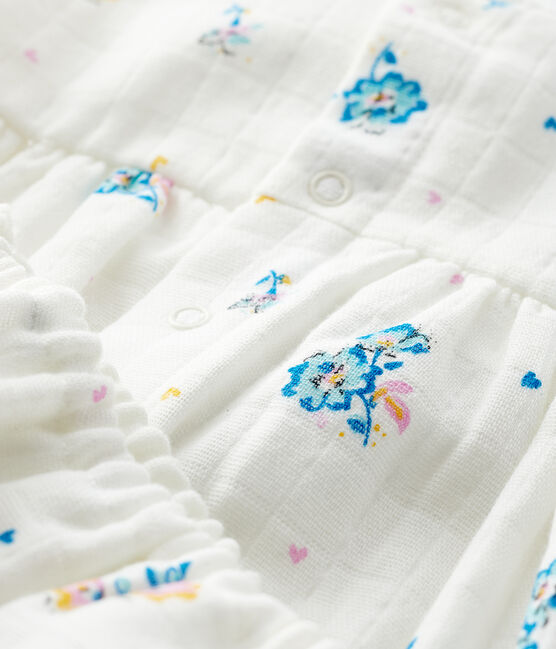 Langärmeliges Blumenkleid mit Unterhose aus Windelstoff für Mädchen weiss MARSHMALLOW/weiss MULTICO