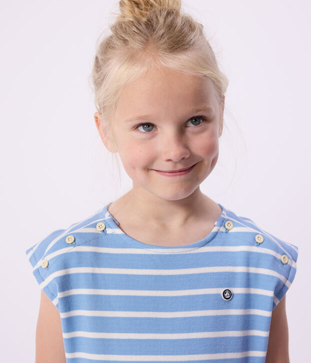 &Auml;rmelloses Kinder-Kleid aus Baumwolle mit Streifen blau/weiss
