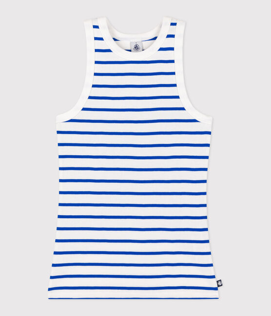 Damen-Tanktop L’Iconique aus gestreifter Baumwolle weiss MARSHMALLOW/blau PERSE