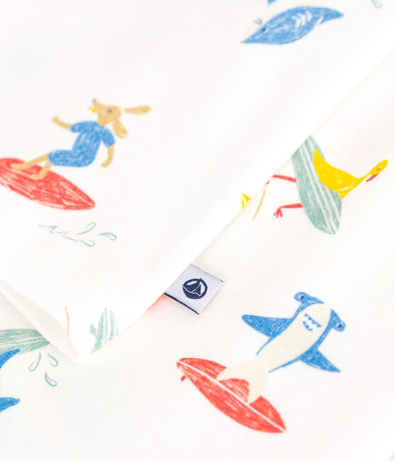 Langärmeliger Kinder-Pyjama aus Baumwolle mit Surf-Motiven weiss MARSHMALLOW/weiss MULTICO