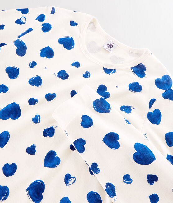 Pyjama aus Molton mit blauen Herzchen für Mädchen weiss MARSHMALLOW/blau BLEU