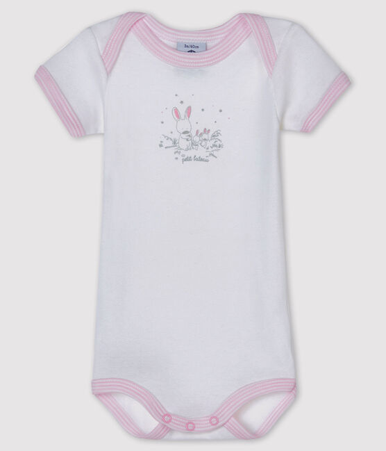 Kurzärmeliger Baby-Body für Mädchen weiss ECUME/rosa DOLL