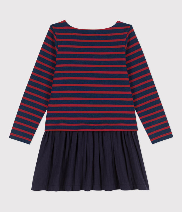 Gestreiftes Kinderkleid aus dichter Baumwolle und Baumwollgaze f&uuml;r M&auml;dchen blau/rot