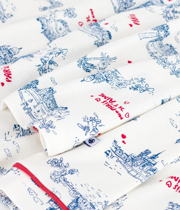 Kinder-Pyjama mit Knopfverschluss aus Baumwolle mit Paris-Motiven weiss/vielfarbig