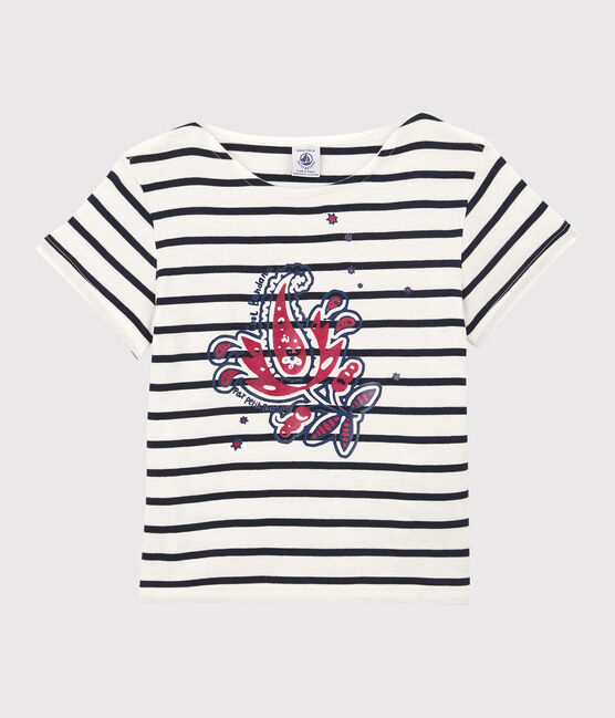 Kurzärmeliges T-Shirt aus Bio-Baumwolle für Mädchen weiss MARSHMALLOW/blau SMOKING