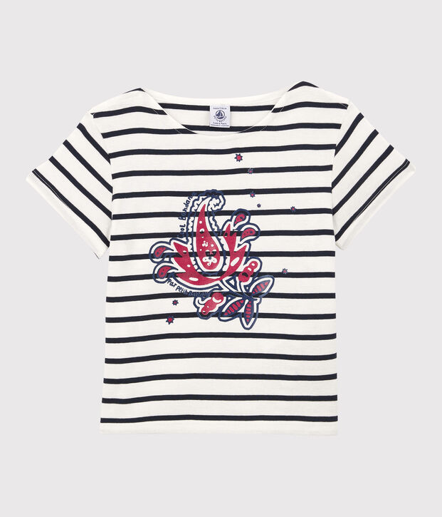Kurz&auml;rmeliges T-Shirt aus Bio-Baumwolle f&uuml;r M&auml;dchen weiss/blau