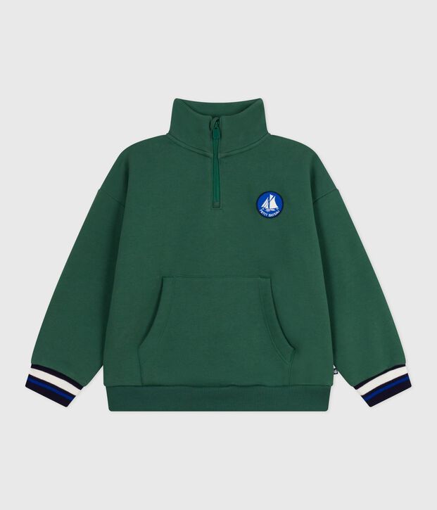 Kinder-Sweatshirt mit Reiverschluss-Kragen aus einfarbiger Baumwolle gr&uuml;n