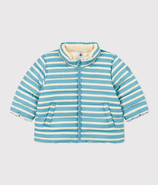 Gestreifter Baby-Anorak mit einziehbarer Kapuze blau AZUL/weiss AVALANCHE