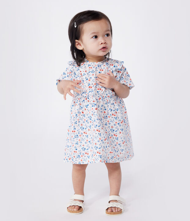 Kurz&auml;rmeliges Baby-Kleid aus Baumwolle mit Blumenmuster weiss/vielfarbig