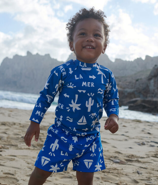 Baby-Badeshorts mit Strandmotiven blau/weiss