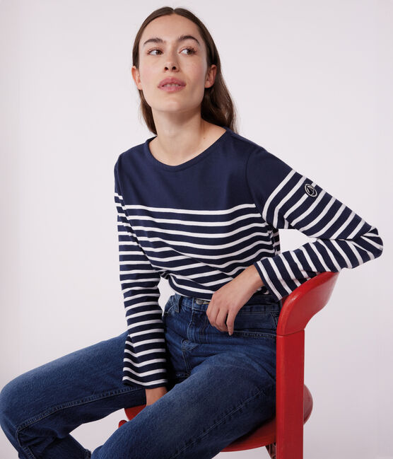 Langärmeliges Damen-Streifenshirt "Marinière" aus Baumwolle blau SMOKING/weiss MARSHMALLOW