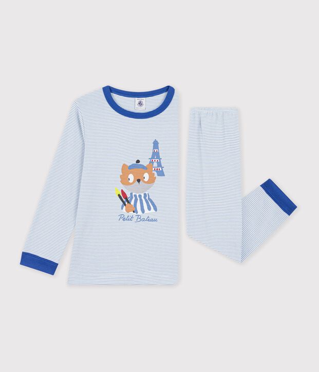 Kinder-Pyjama aus Baumwolle mit Streifen blau/weiss