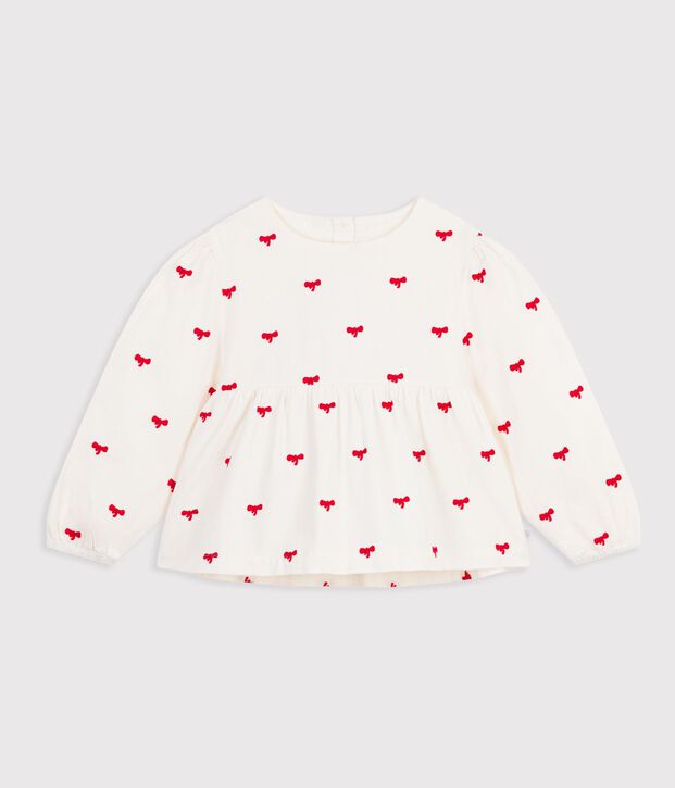 Lang&auml;rmelige Kinder-Bluse aus Baumwolle mit Schleifenmotiv naturfarben/rot