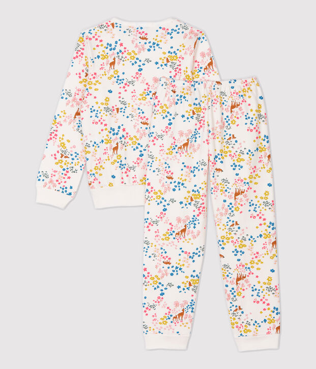 Kinderpyjama aus Molton mit Blumenmuster f&uuml;r M&auml;dchen weiss/vielfarbig