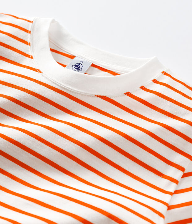 Baumwoll-T-Shirt mit Marinestreifen Damen weiss/orange