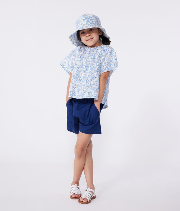 Kurz&auml;rmelige Kinder-Bluse mit Kirschmuster blau/blau