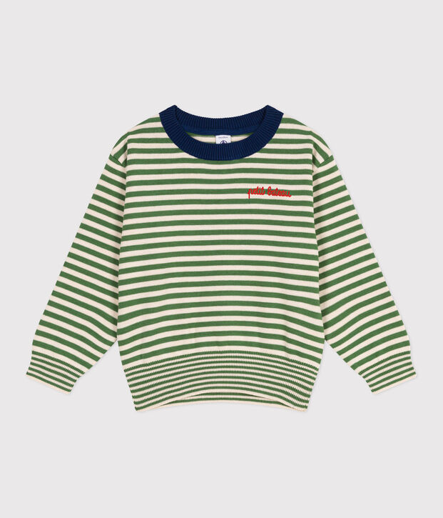 Kinder-Pullover aus Baumwolle mit Streifen gr&uuml;n/naturfarben