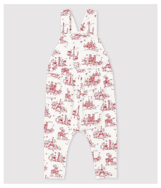 Lange Baby-Latzhose aus Molton für Mädchen weiss MARSHMALLOW/rot TERKUIT