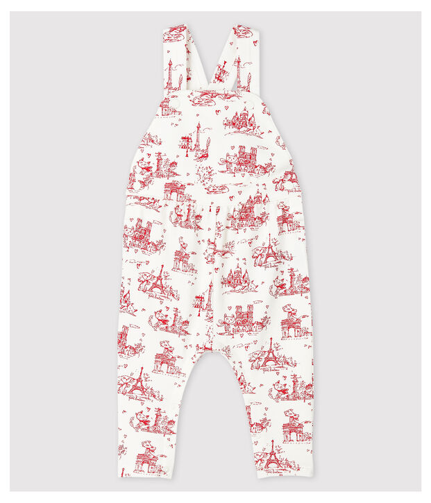 Lange Baby-Latzhose aus Molton f&uuml;r M&auml;dchen weiss/rot