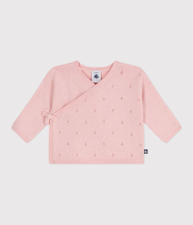 Baby-Wickeljacke aus Woll- und Baumwollstrick mit Lochmuster rosa