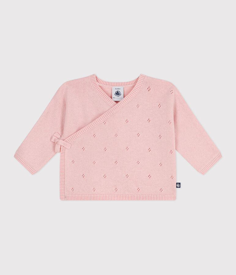 Baby-Wickeljacke aus Woll- und Baumwollstrick mit Lochmuster rosa