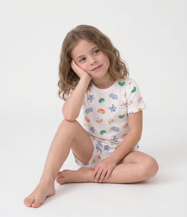 Kinder-Kurzpyjama zum Verkleiden aus Baumwolle mit Tiergesichtern weiss/vielfarbig