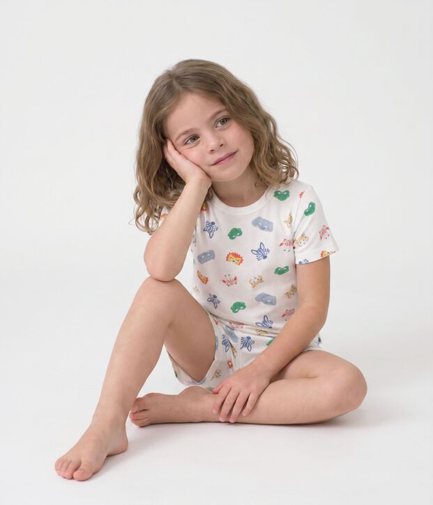 Kinder-Kurzpyjama zum Verkleiden aus Baumwolle mit Tiergesichtern weiss/vielfarbig