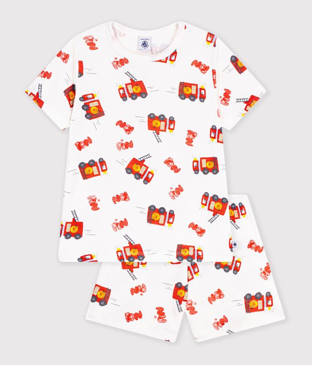 Kinder-Kurzpyjama aus Baumwolle mit Feuerwehrm&auml;nnern weiss/vielfarbig