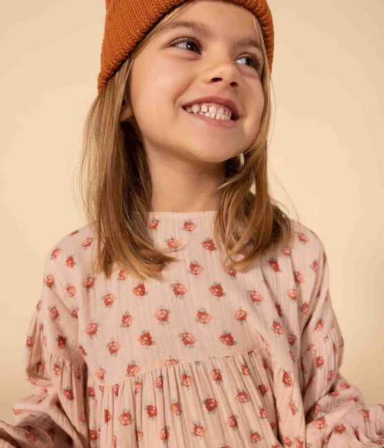 Langärmeliges Kleid mit Blumenprint aus Baumwollgaze für Kinder/Mädchen rosa SALINE/weiss MULTICO