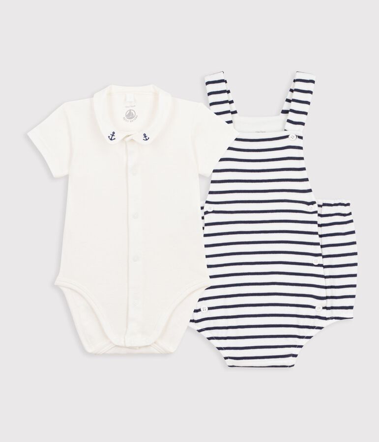 2-teiliges Baby-Set aus Baumwolle mit Streifen und Stickereien weiss/blau
