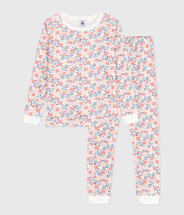 Kinder-Pyjama aus Baumwolle mit eng anliegenden Beinen und Blumenmotiv weiss/vielfarbig