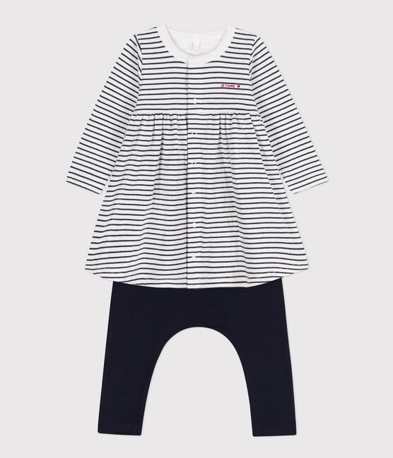 Baby-Kleid und -Leggings aus Baumwolle für Mädchen weiss MARSHMALLOW/blau SMOKING