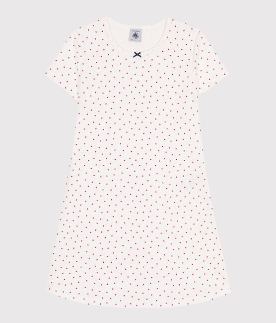 Kurzärmeliges Kinder-Nachthemd aus Baumwolle mit Herzmotiv weiss MARSHMALLOW/rot TERKUIT